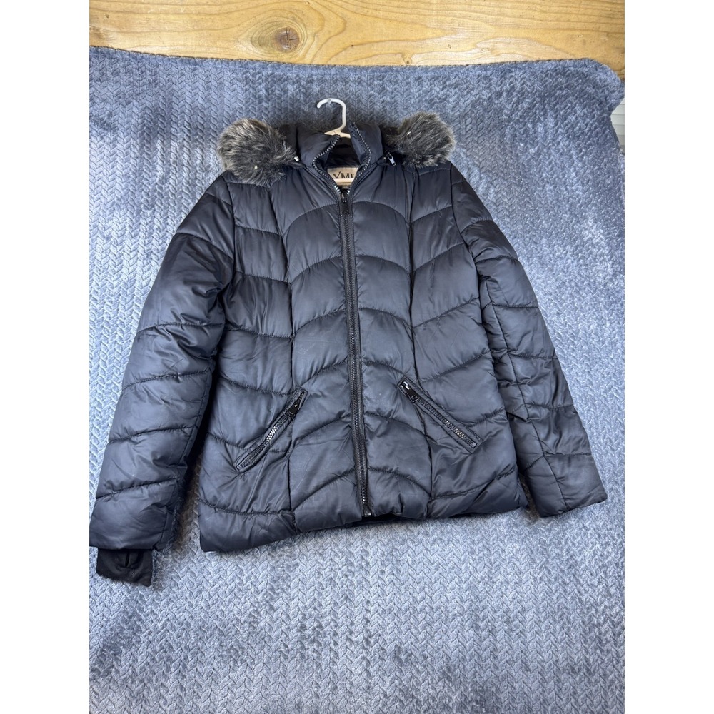 YMI Collection Puffer Jacket Womens Large Black Faux Fur Trim Full Zip Hooded